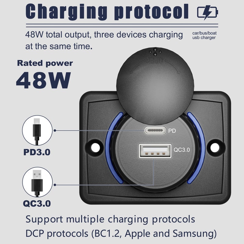 Bluejw Flat PD 3.0 QC 3.0 USB Panel Charger - 12/24V USB-C 12VDC Port for Car, Truck, Camper Van, Marine - Automotive USB Chargers - Image 4